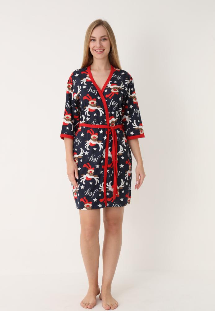 Halat dama Craciun,maneci 3/4,imprimeu reni ,culoare bleumarin ,En-gros